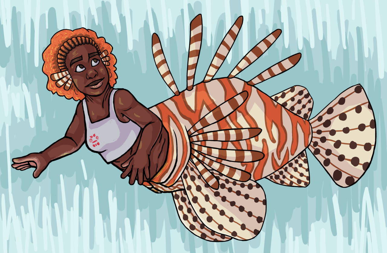 Digital illustration of a Black mermaid whose lower half is an orange- and white-striped lionfish. The girl has dyed orange hair set in braids that end with a puff of natural curls. She is wearing a white tank top with a design reminiscent of the Saw franchise.